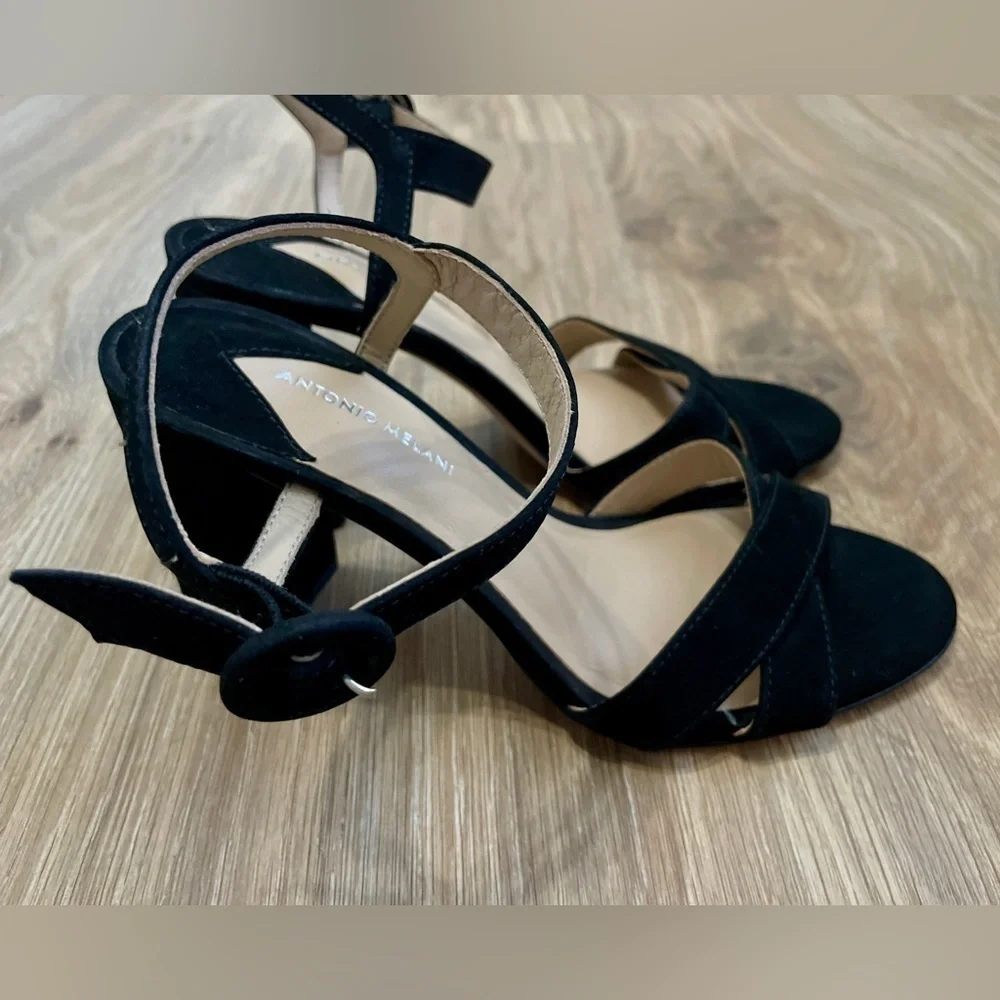Antonio Melani Geena Nubuck Black Leather Ankle Strap Heels size 6